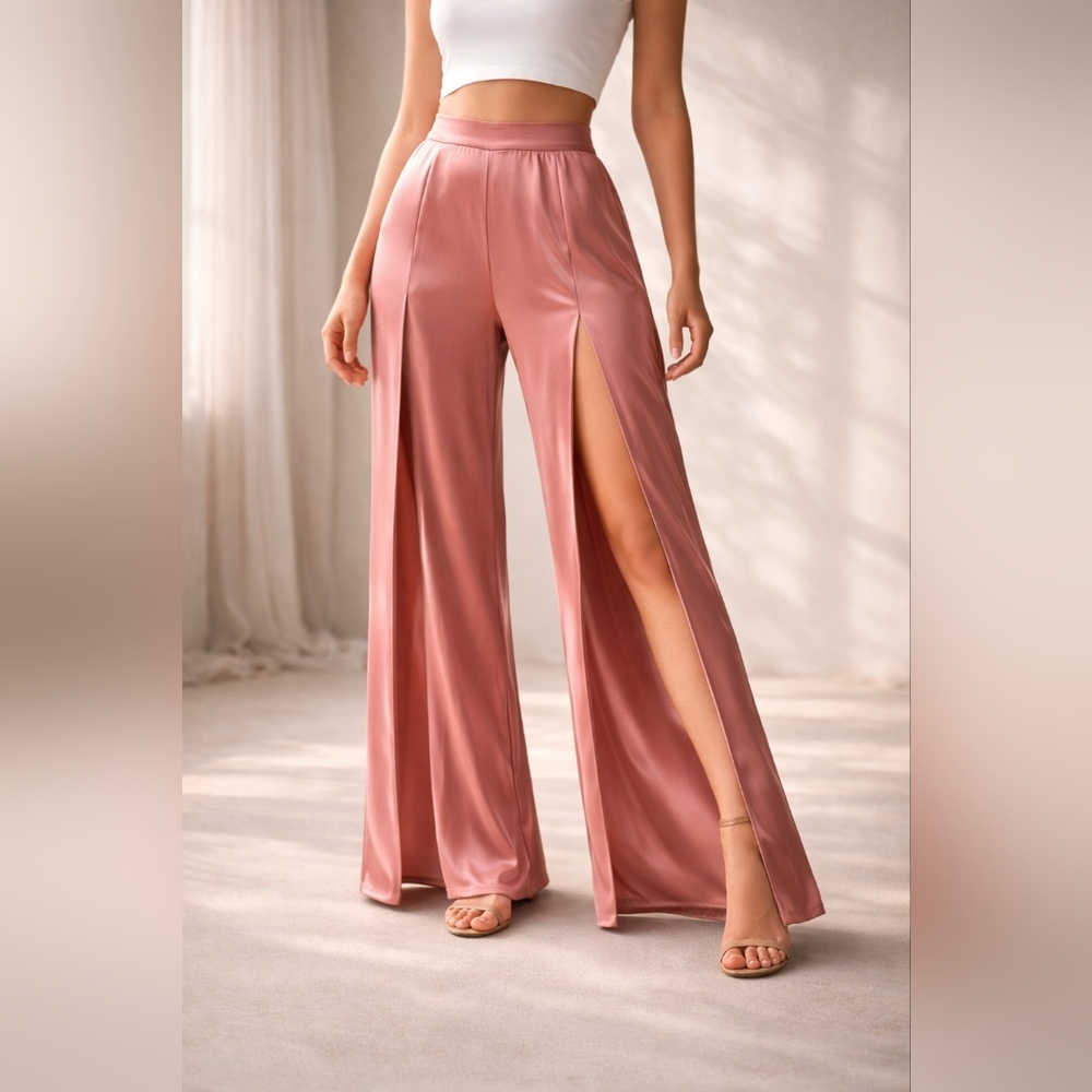 Farrow x Revolve silky satin rose gold pink casual high side slit pants